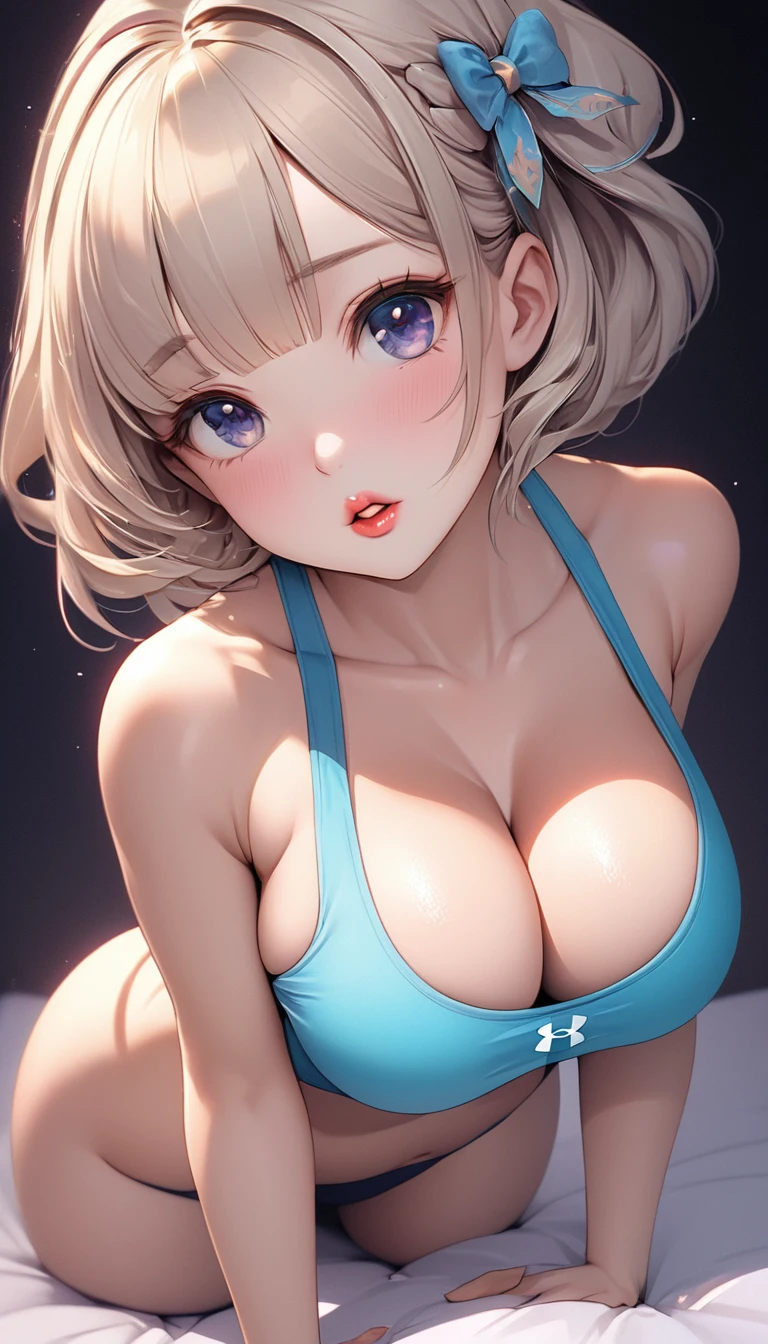 Highly detailed image 8k European middle school student Beautiful girl Blonde Short hair Small breasts Beautiful legs Blushing Sweating outside Athletics On all fours Top view Mouth wide open, Sticking out tongue, white skin, regretful expression, looking at camera