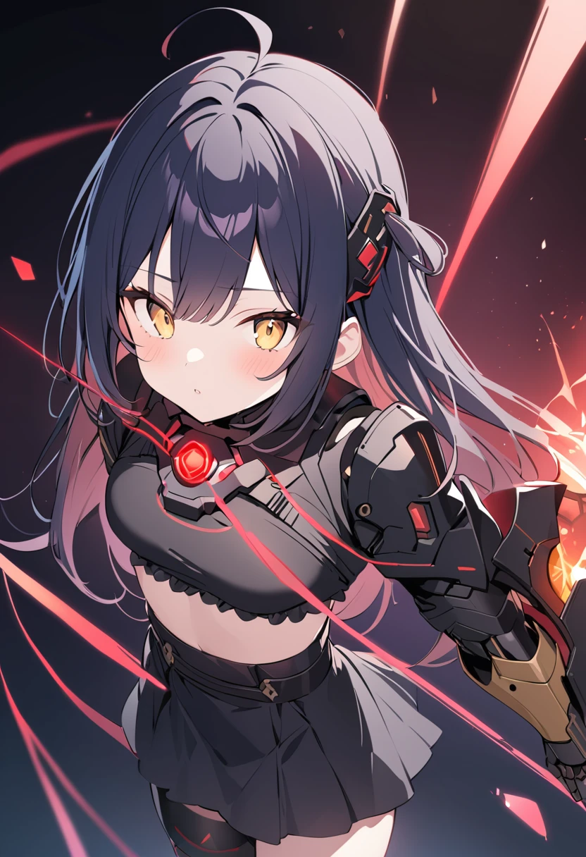 Iai Slash,holding_weapon,独奏,black suits,sunglasses,twintail,black hair,masterpiece,best quality,super detailed,super fine illustration,8k,dynamic angle,battle scene,in dark room,detailed background,Break she is running forward.