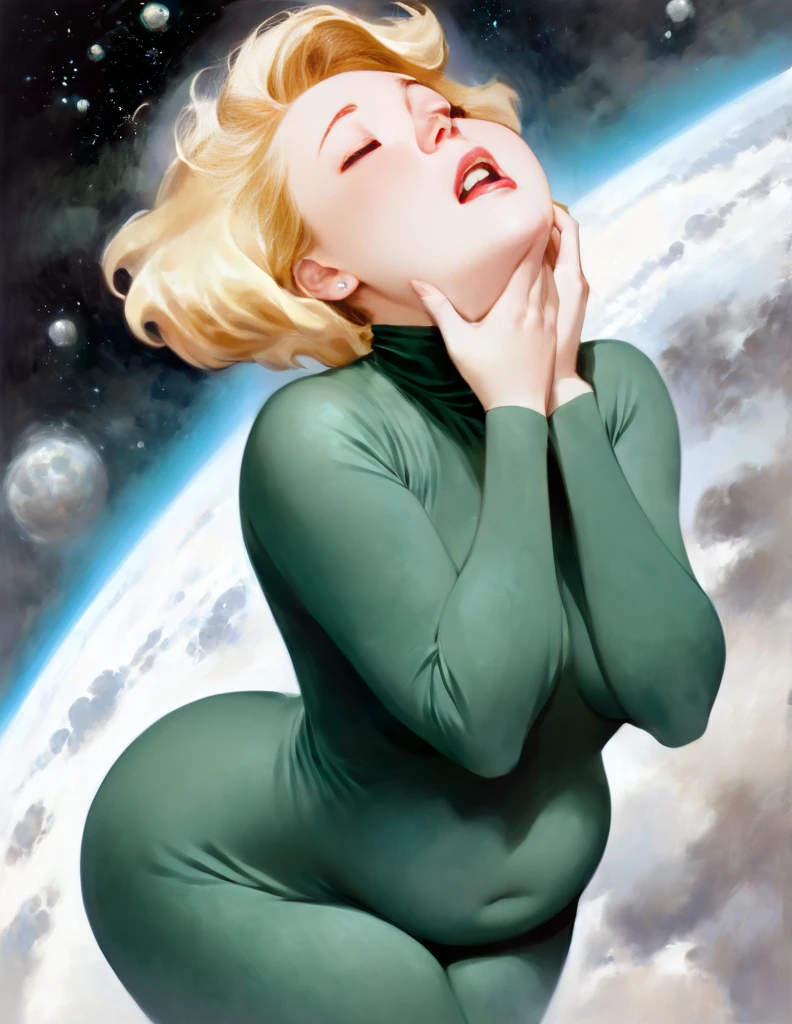 Oil painted slightly chubby white woman. Her face  also slightly chubby. Her body  floating in space .She  wearing a dark green body suit.. She has short blonde hair. She has her mouth open breathing heavily, she puts both her hands on her neck as if she choking and can’t breathe . She  on the verge of death. She  grabbing her neck. Full body view. Bare foot.