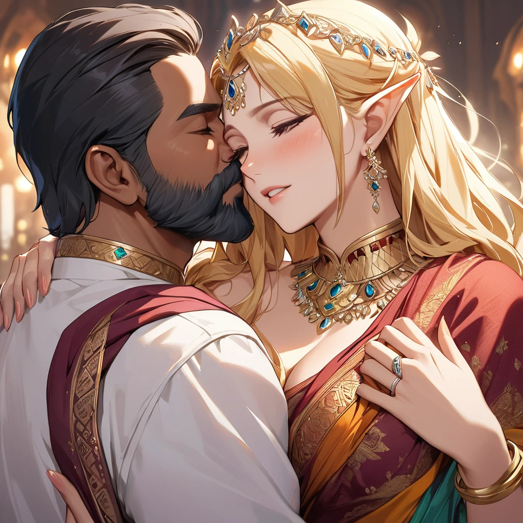 ((Best Quality)), ((masterpiece)), (detailed), （Perfect Face）、The high elf woman is Seras Ashlain, a blonde, medium-long-haired high elf wearing a colorful Indian traditional sari, gorgeous jewelry and an engagement ring.、The woman has married a middle-aged Indian man with a beard and has become an Indian woman, embracing and kissing her husband.