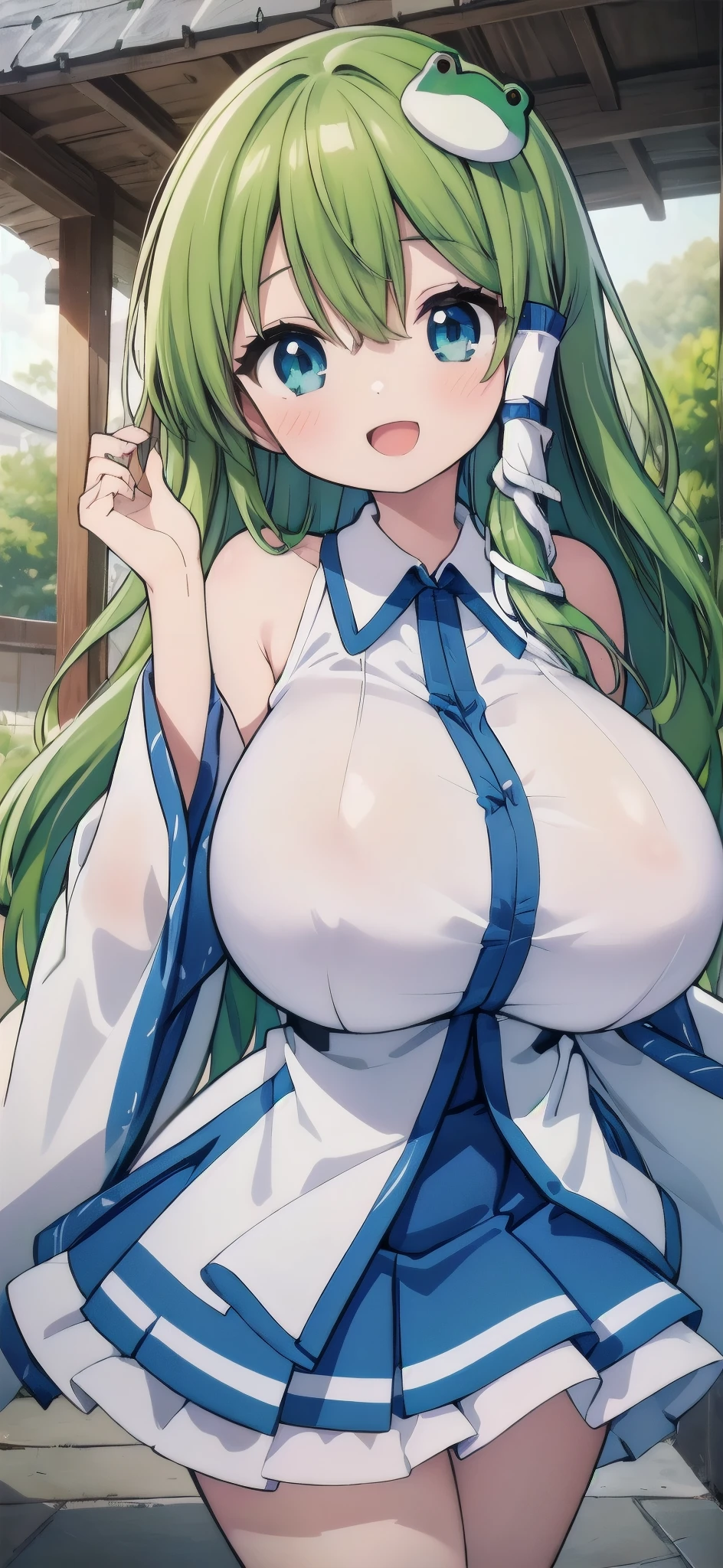 ((A Pretty slender girl with super colossal breasts)), Frog Accessories on the head, wearing the white clothes and blue skirt, , ((top-quality, master piece, ultra-definition, high resolution)), anime girl, ((ultra-detailed illust:1.2)), 1 girl, bangs, hair between eye, green colored hair, beautiful hair, blue colored eyes, Shiny eyes, ((highlight in the eyes)), ((detailed eyes:1.2)), ((super gigantic breasts:1.3)), huge tits, Soft breasts, ((cleavage:0.5)), bare shoulder, shiny thighs, slender body, Big smile, enjoyed, laughing, opened mouth, at the Japanese shrine, cowboy shot, Kochiya sanae, green_hair, long_hair, hair_ornament, frog_hair_ornament, snake_hair_ornament, hair_tubes