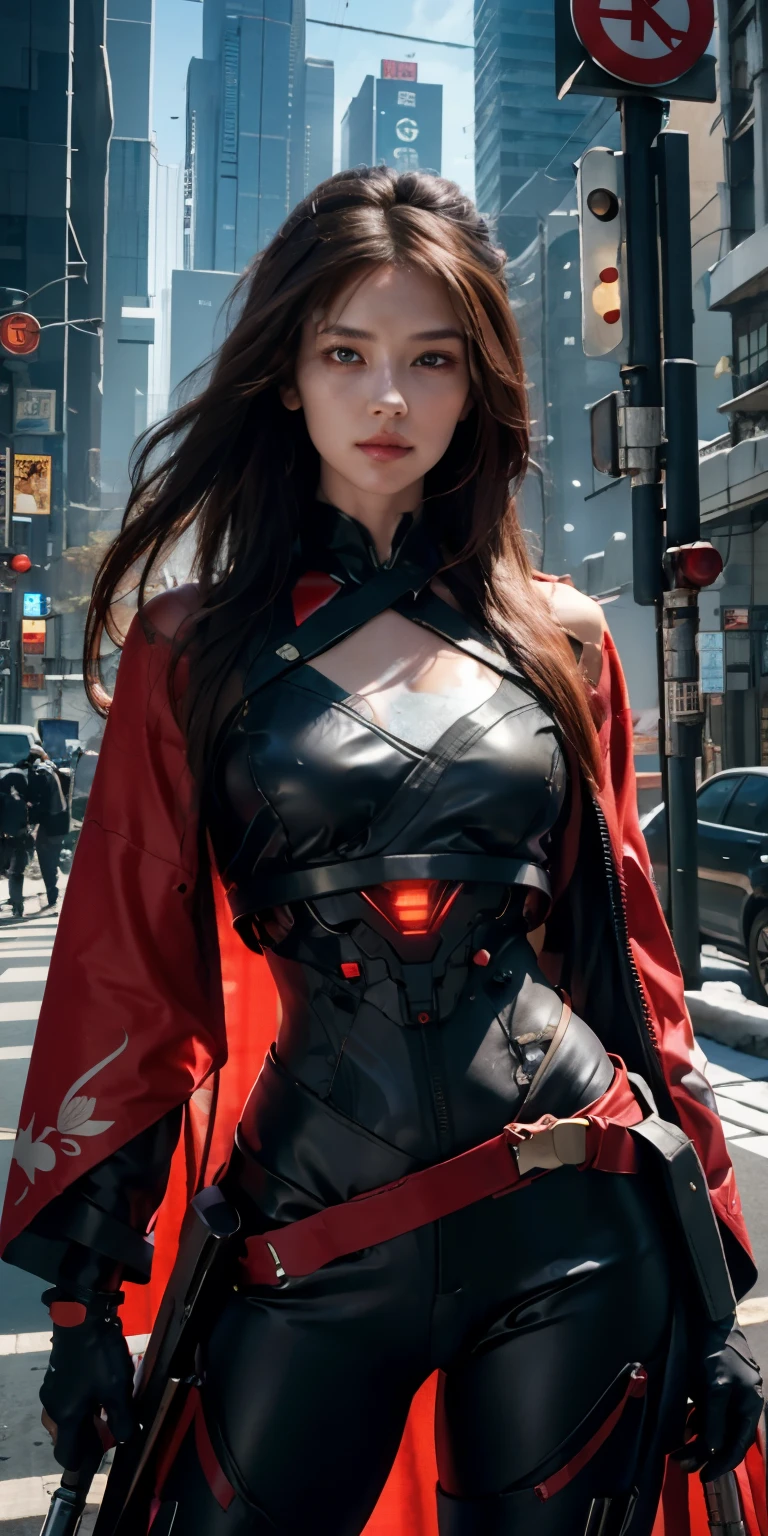 photorealistic, high resolution, soft light,1women, solo, hips up, (detailed face), red long hair, cybersamurai, cyborg, cyberpunk, cyber armor, holding weapon,glowing,on the street , kimono , sniper looking at the target, gun