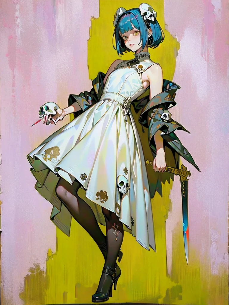 (masterpiece), (High resolution), (Full body portrait), （Cyberpunk）、White bowl cut、Sleeveless white dress with skull pattern、 Dark atmosphere, Flat illustration, Creepy Appearance, Distinctive hairstyle, Creative accessories, Unique atmosphere,A Little Nightmare、Holding a knife in both hands
