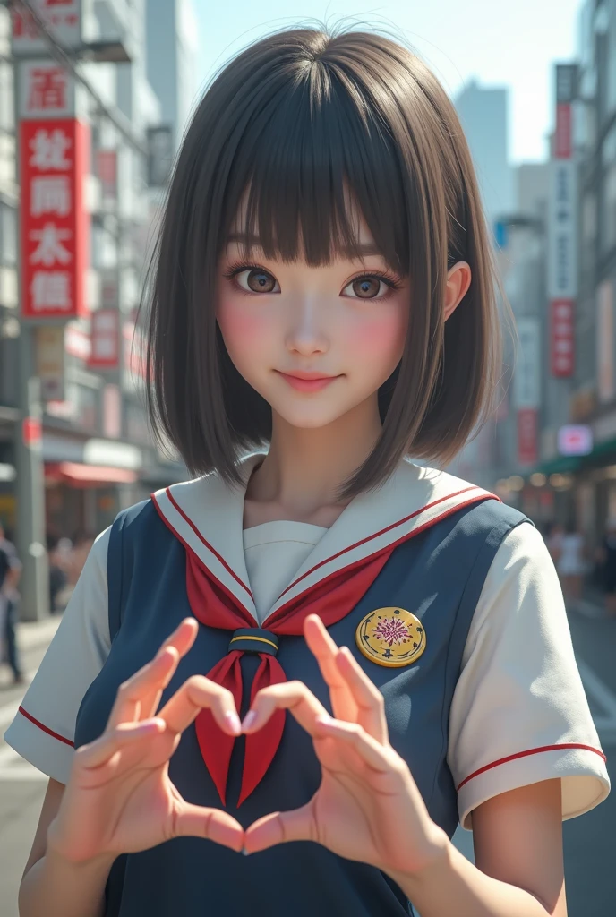 Shoot people in the style of modern street photography, capturing the dynamic and frank nature of city streets. The character is a Japanese high school girl who wears a sailor costume. The background should be a bustling city street where architecture, street art and people are intertwined. As she smiles in the early fall morning light, the figure should be captured in a natural, unposed moment, perhaps looking at something in the distance or interacting with her surroundings. The light should be natural, mixing sunlight and city lights to create a lively atmosphere.
