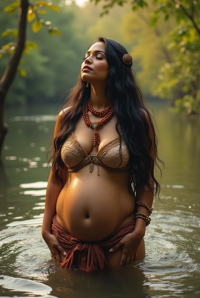 Pregnant Topless pink thong wearing aroused horny beautiful happy young Indian girl vs Giant colossal black anaconda monster wrapped around her body squeezing her in coiled embrace cuddling and kissing sexual erotic bestiality sex realistic in the rainforest full body, best quality wet top quality perfect body