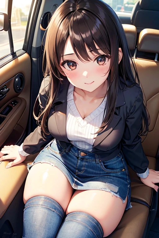 1 female, mature woman, brown eyes, shiny skin、long brown hair, I'm wearing a white sweater, big breasts, mature woman、I&#39;m in the car、assistant seat、((Several people walking around the outside of a car々))、center view, High resolution, super sharp, 8K, masterpiece、smile、(((Shooting from directly below)))、((Appealing to thong))、(((Pink thong))),((blue skirt))、(((sit and open your legs)))、close up of pantiey panties are wet、