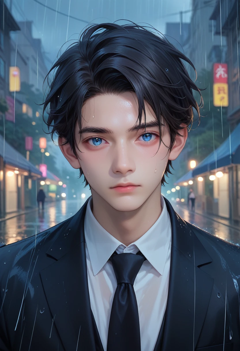 A young man with black hair and blue eyes in a black suit turned his back and half his face in the middle of a rainy city at night.