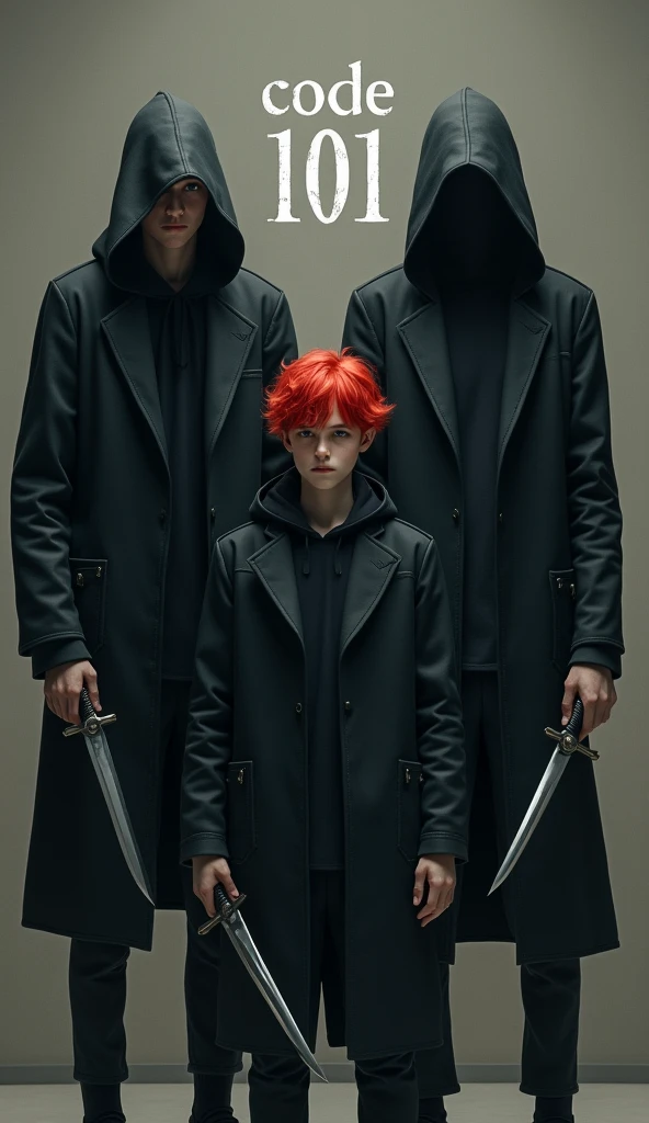 papa, Mom -yeld brers pose serious for photo orange hair smart clothes black leather