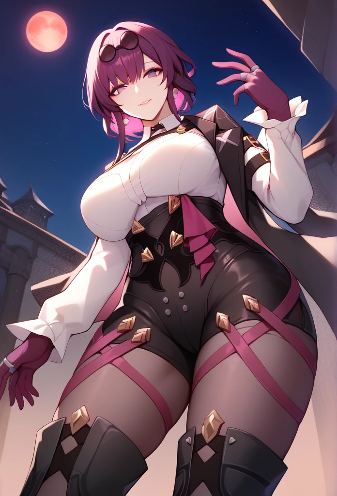 One Girl,Kafka, Purple eyes, Purple Hair, bangs, Side Lock, Please put your glasses on your head, earring, White shirt, Collared shirt, Long sleeve black jacket, Jacket on shoulders, Harness, Large Breasts, Purple gloves, Black shorts, High Waist Shorts, Purple thigh straps, Pantyhose, Single thigh high boots,There are no students, Black choker, ring, Expose your shoulders, pearl earring, Armband,masterpiece, Anatomically correct, 8k,(background,Big red moon,detailed),Cowboy Shot, Composition looking up from below,Captivating smile, 