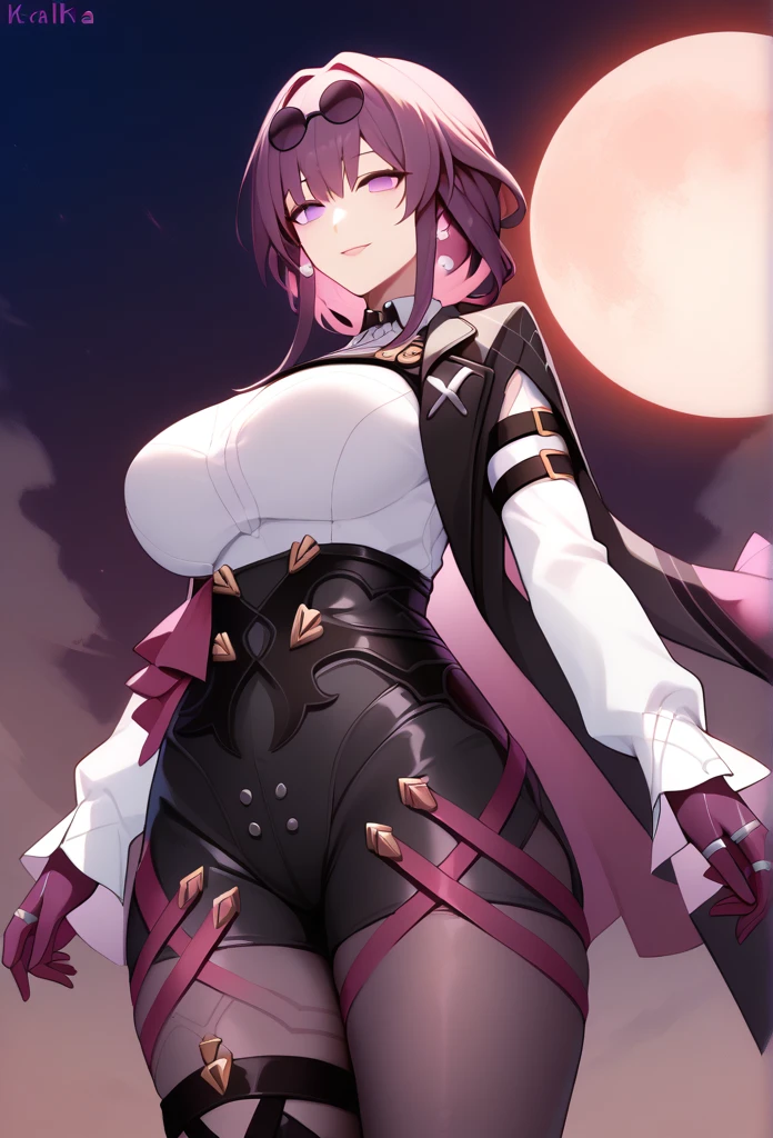 One Girl,Kafka, Purple eyes, Purple Hair, bangs, Side Lock, Please put your glasses on your head, earring, White shirt, Collared shirt, Long sleeve black jacket, Jacket on shoulders, Harness, Large Breasts, Purple gloves, Black shorts, High Waist Shorts, Purple thigh straps, Pantyhose, Single thigh high boots,There are no students, Black choker, ring, Expose your shoulders, pearl earring, Armband,masterpiece, Anatomically correct, 8k,(background,Big red moon,detailed),Cowboy Shot, Composition looking up from below,Captivating smile, 