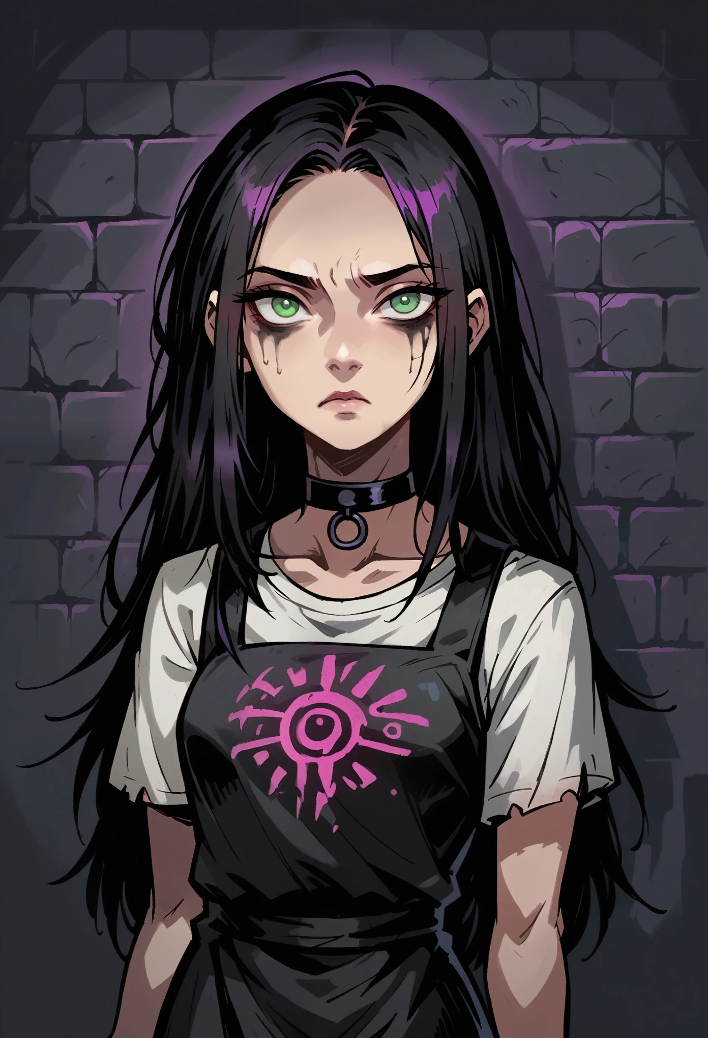 Medium symmetrical close-up of mestizo, slender girl, long hair, black hair, slightly ran mascara. Pawn tatoo on cheek. Detailed green eyes and bored expression, looking directly at the viewer, with a finely detailed, ultra-clear face. She wears a choker. She wears white t-shirt and black Punk Sleeveless Dress. Black nails. The design with thick outlines and dramatic lighting, inspired by Chris Bourassa. Violet neon disk behind. The background features a weathered brick wall with violet neon lights, creating dark and atmospheric scene. Highly detailed, inspired by Chris Bourassa's. Dramatic lightning, thick outlines.
