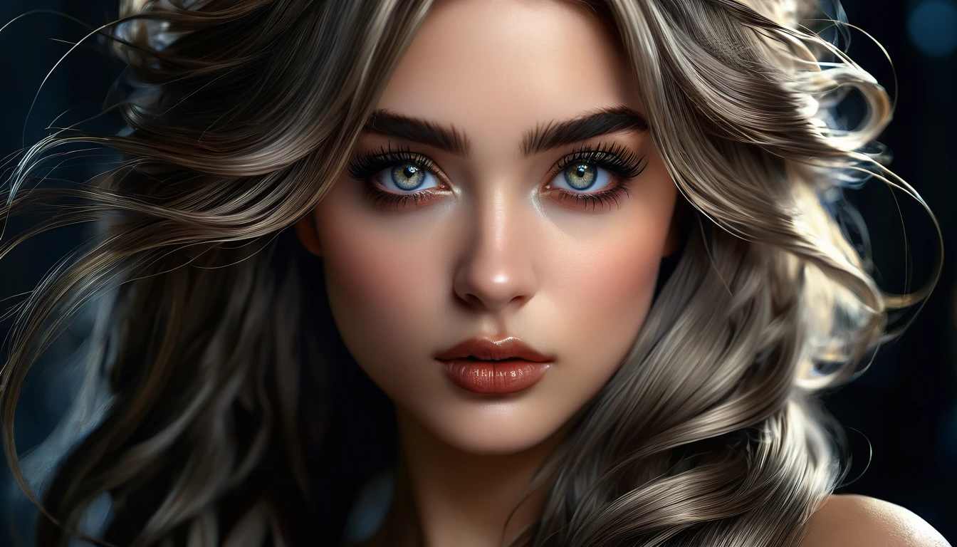 beautiful long flowing hair,detailed intricate hairstyle,elegant hairstyle,woman with striking hair,close up portrait of woman with unusual hairstyle,detailed face with piercing eyes,beautiful detailed lips,extremely detailed eyes and face,longeyelashes,dramatic lighting,moody atmosphere,(best quality,8k,highres,masterpiece:1.2),ultra-detailed,(realistic,photorealistic,photo-realistic:1.37),digital art,portrait,dramatic lighting,muted color palette,cinematic