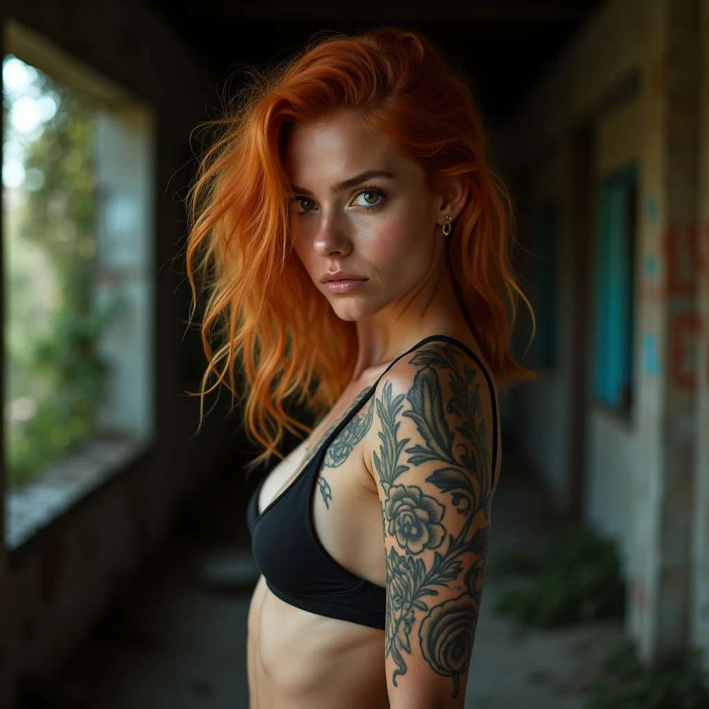 Young girl, goth, large breasts, midriff, cleavage, yoga shorts, trashed alley, cuts on arm, photorealistic skin, ((visible feet, barefoot)), red hair, freckles, black lipstick, black eyeliner