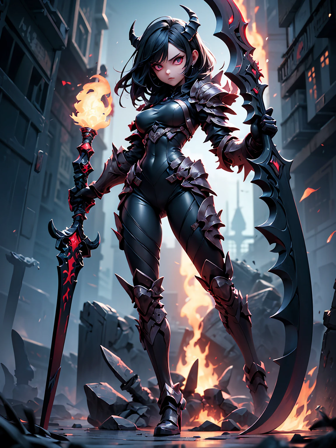 (((masterpiece, best quality, high detailed, 16k))) (1girl) A terrifyingly powerful demoness with dark, shadowy hair that writhes like tendrils of pure chaos, and eyes that burn with the fires of annihilation. Her armor is made from shattered fragments of worlds, twisted metal, and blackened bones, constantly shifting and disintegrating. Her presence exudes an aura of decay and entropy, consuming everything in her path. Her body is surrounded by an aura of black flames and crackling energy of destruction, her form unstable, as if she exists to unravel reality itself. She wields a massive scythe forged from the void, able to bring total destruction with a single swing. ((full body front view)), (extremely detailed:1.5)
