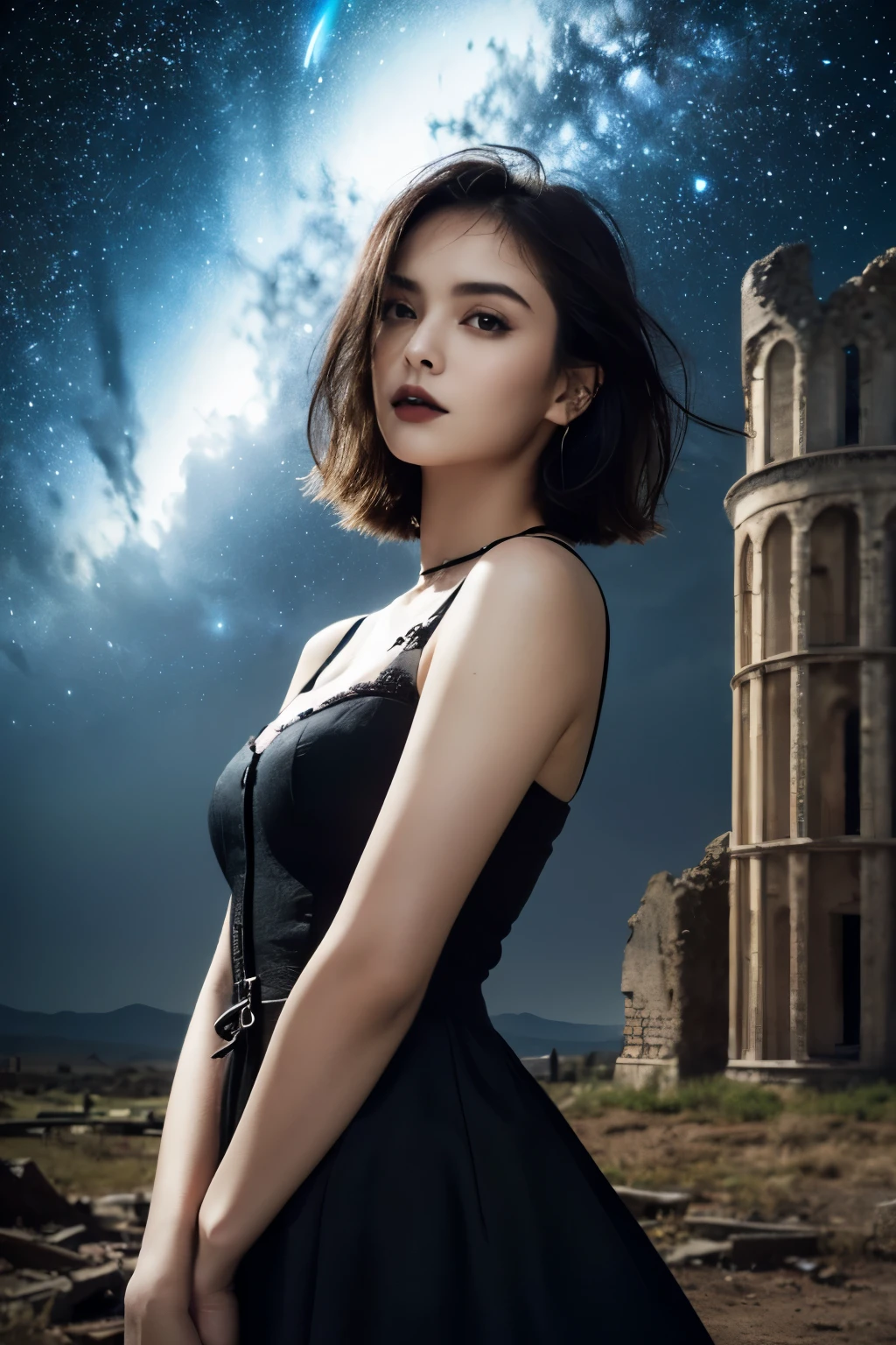 1 girl, (She is wearing a gothic black dress..:1.2), Very beautiful Japanese idol portraits(RAW Photo Best Quality), (Realistic, Realistic:1.4), (masterpiece), 
So delicate and beautiful, Very detailed, 2k wallpaper, wonderful, finely, Very detailed CG Unity 8K wallpaper, Very detailed, High resolution, Soft Light, 
Beautiful detailed girl, Very detailed目と顔, Beautiful and sophisticated nose, Beautiful beautiful eyes, Cinema Lighting, 
(She stands in front of a ruined medieval castle:1.3), (Night Sky, Milky Way), (Girl full body silhouette:1.2), (Dark screen:1.5), (Desolate landscape), (I am so lonely),
(Medium Hair), (Hair blowing in the wind), 
Perfect Anatomy, Slender body, Small breasts