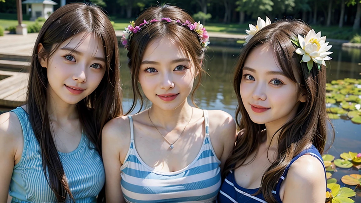 ( 3 girls),smile、Look into the camera、diamond necklace、Heart braids, random colored tank top、The material is smooth and flexible..、revealing upper arms、Blue-green striped knee-length socks Extra long double tail feathers、close range shooting、Flower Hair Ornaments、Close your eyes、Garter、 Masterpiece, Highest quality, 8ก, beautiful girl, young face、 photography, Cute face, thigh,In the waterfall,、รอยsmile、small waist, blue eyes(((The chest is erect..:1.0)))(((round chest:1.0)))(((big breasts:1.1)))