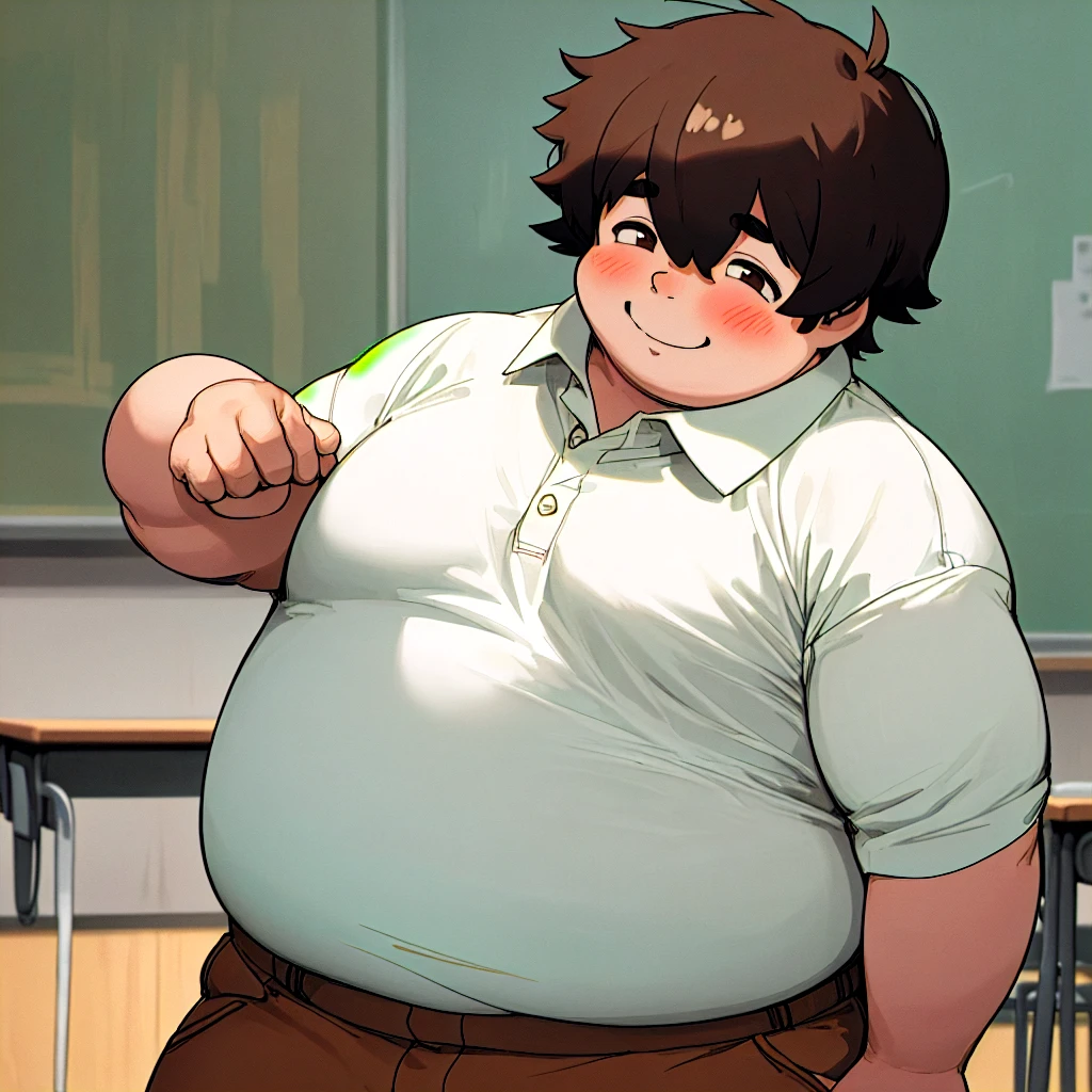 Draw a chubby cute boy,During the school day, You stand on the podium in a school classroom,Facing classmates and being punished,chubbiness,The crotch protrudes,pupils,prominent pubis,Shy,The crotch protrudes,prominent pubis,The crotch is raised,and hold your head in your hands,The classrooms were packed