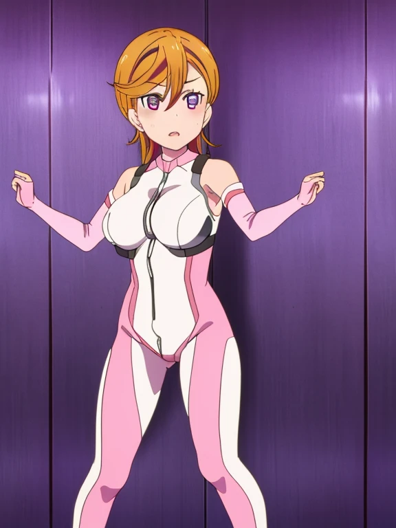 shibuya kanon ,big breasts, (white pink bodysuit:1.2), elbow gloves, halter neck,bare shoulders, victory pose, standing 