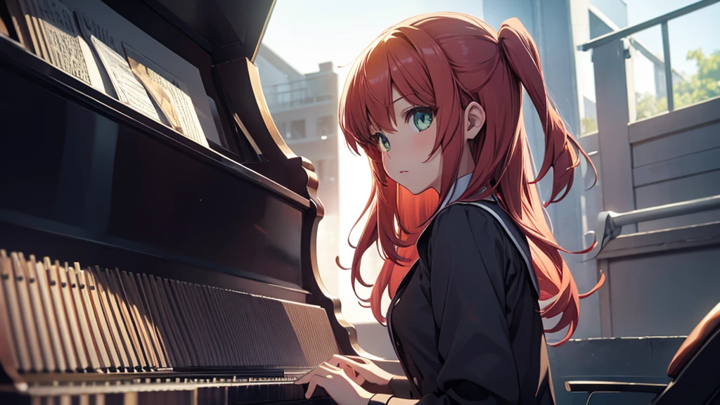 Girl sitting in front of the piano, with a full figure design. anime style.