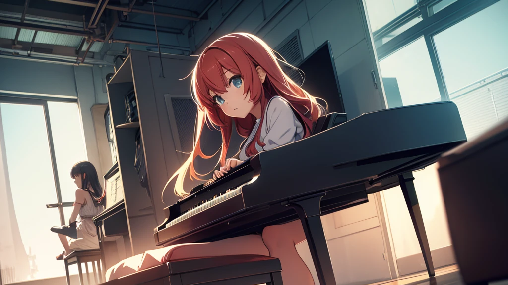 Girl sitting in front of the piano, with a full figure design. anime style.