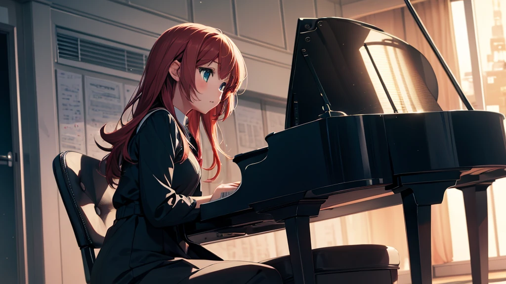 Girl sitting in front of the piano, with a full figure design. anime style.