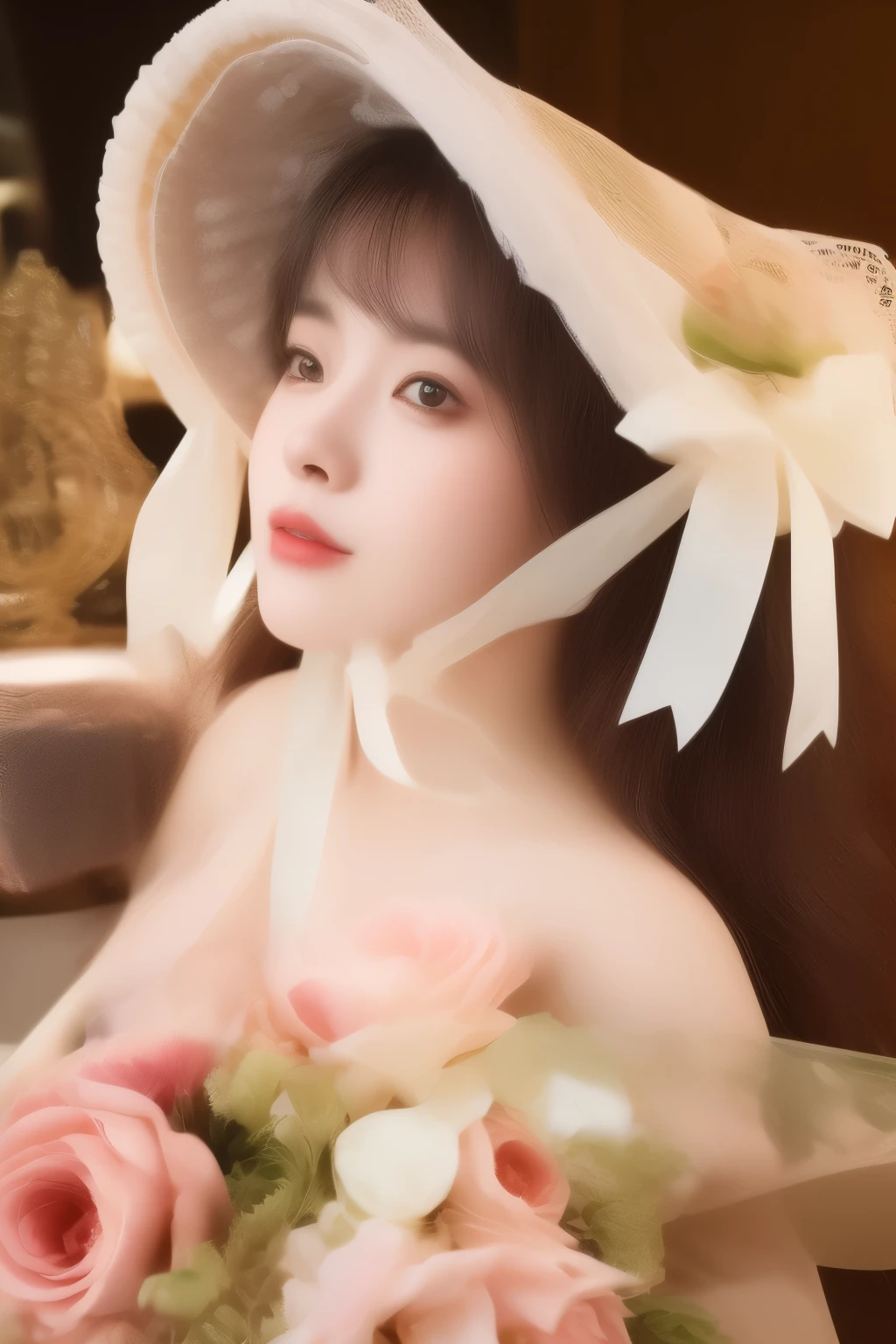 there is a woman with a hat and a bouquet of flowers, guweiz, portrait of magical lolita girl, belle delphine, sakimichan, , xintong chen, chiho, sha xi, yan, shikamimi, fairycore, guweiz masterpiece, beautiful portrait image, portrait of radical lolita girl