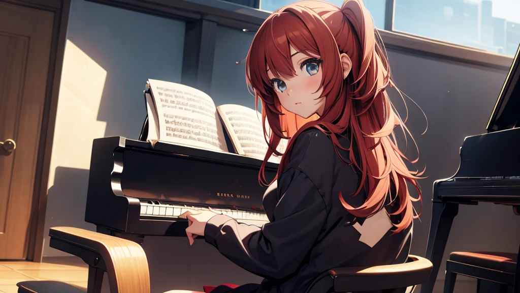 Girl sitting in front of the piano, with a full figure design. anime style.