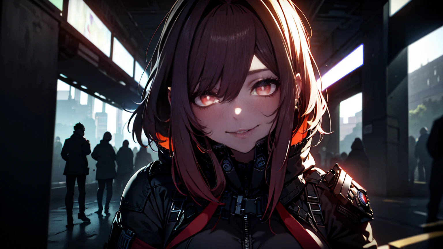 ((Best quality)), ((masterpiece)), (detailed:1.4), 3D, an image of a beautiful cyberpunk female, Yandere , Yandere Face , Trance , Trance Eyes , yameroyandere , constricted pupils , yandere ,
empty eyes . shaded face , crazy eyes , glowing eyes , crazy smile , dark, long burning red hair, burning hair, light brown eyes, red Barret, Black Soldier Shirt, Black under cloth, black panty, Grenade belt, Big chest, Big thigh, High thigh black knee sock, full view of girl, battlefield background, black combat boot, red necktie, black glove, black combat suit, black jacket, black cloak, black panty, ammo belt, HDR (High Dynamic Range),Ray Tracing,NVIDIA RTX,Super-Resolution,Unreal 5,Subsurface scattering,PBR Texturing,Post-processing,Anisotropic Filtering,Depth-of-field,Maximum clarity and sharpness,Multi-layered textures,Albedo and Specular maps,Surface shading,Accurate simulation of light-material interaction,Perfect proportions,Octane Render,Two-tone lighting,Wide aperture,Low ISO,White balance,Rule of thirds,8K RAW,