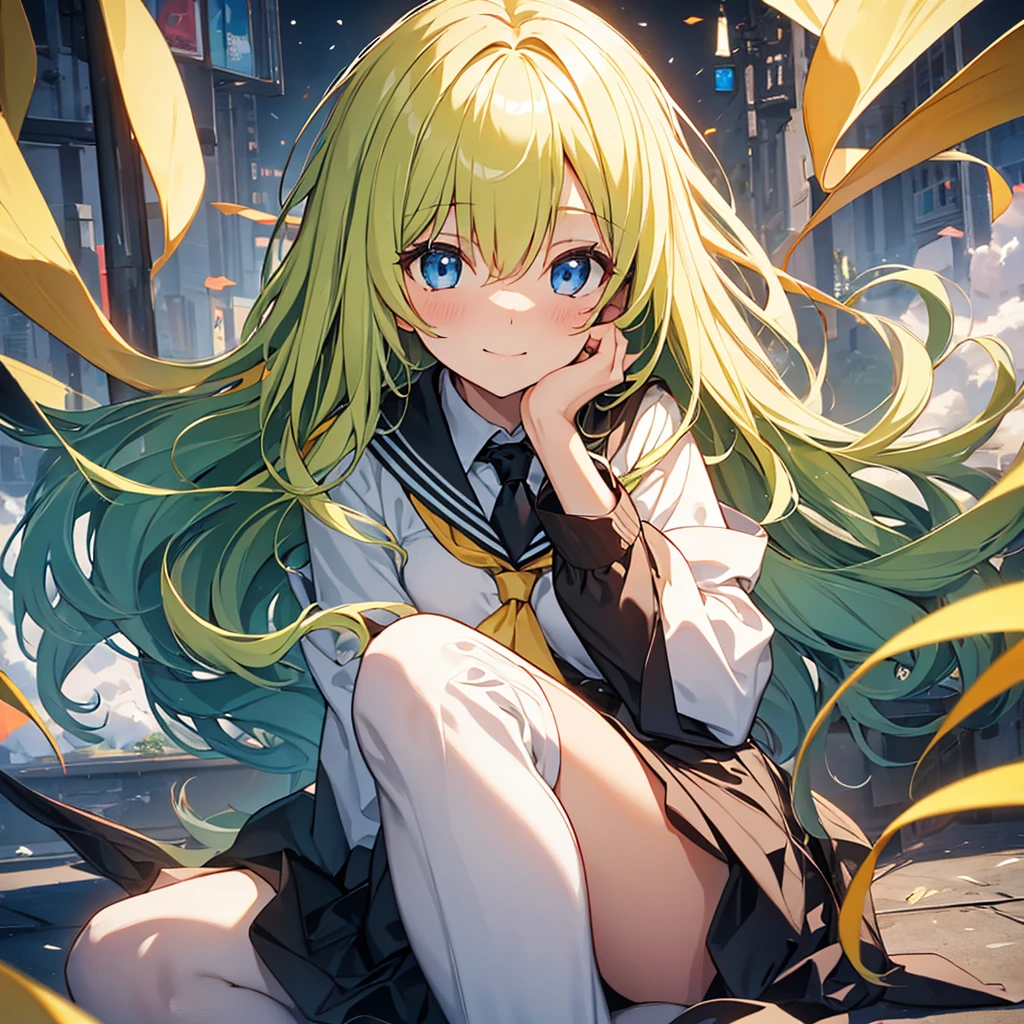 Woman gazing diagonally upwards, {{{Soft smile}}}, Black Sailor Suit, Long skirt, {{{{{Bright yellow long wavy hair}}}}}, Best Quality,Best image quality,Perfect Anatomy,masterpiece,Very detailedな,beautiful,super high quality, Best Quality,High resolution, Very detailed,Game CG,Dutch Angle ,beautiful details,Visual Arts,Five fingers, Perfect hands,Hide your hands, {{{One Girl}}}, Beautiful detailed girls, Game CG, masterpieceアニメ，Best Quality, Very detailedな顔，Power Pro, Sugami Hisashi, {{{One Girl}}}, Blue Eyes, Female Manager, School grounds, Yellow tie, Sleepy smile, Knee-high portrait, Three-dimensional background, Multiple clouds,