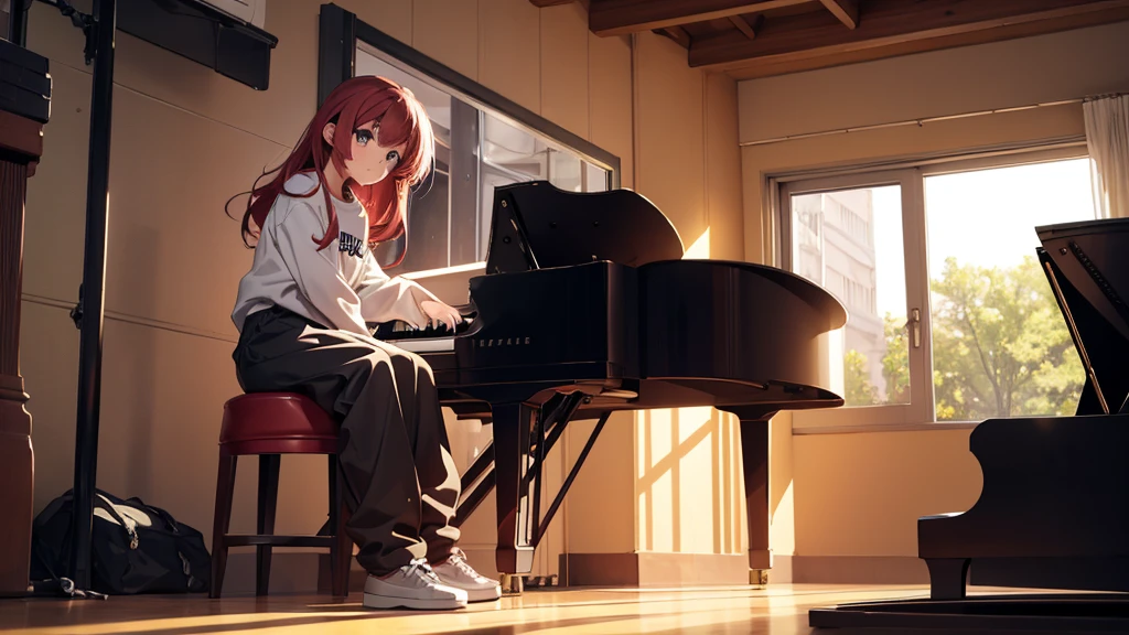 Girl sitting in front of the piano, with a full body design , luck and baggy pants. anime style.