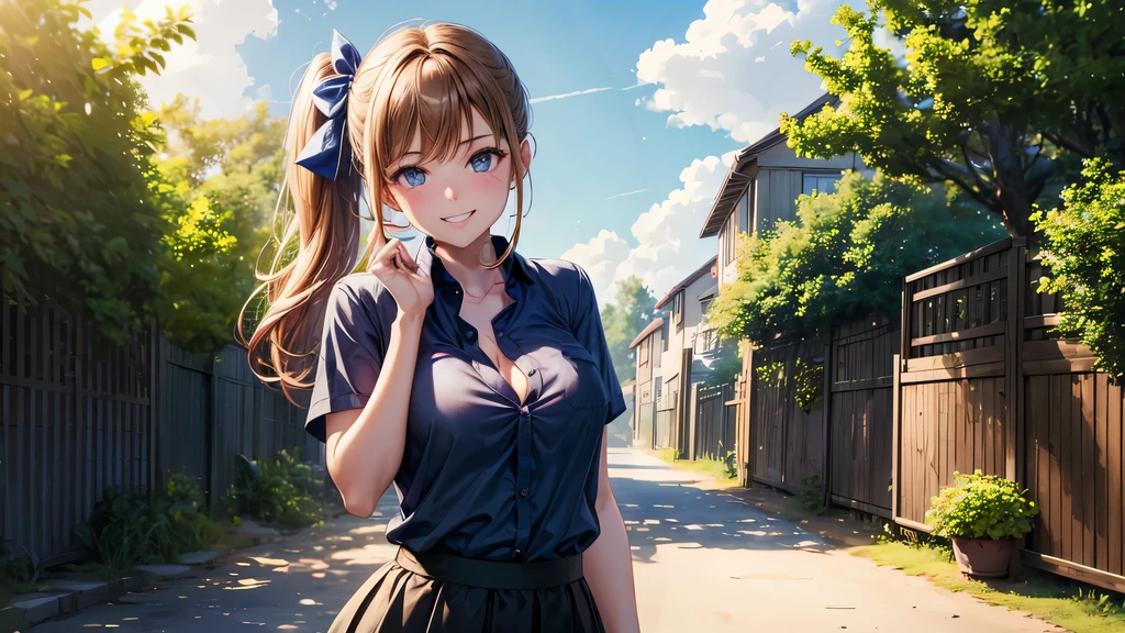 ((blue floral pattern shirt)), ((sleeveless shirt)) 