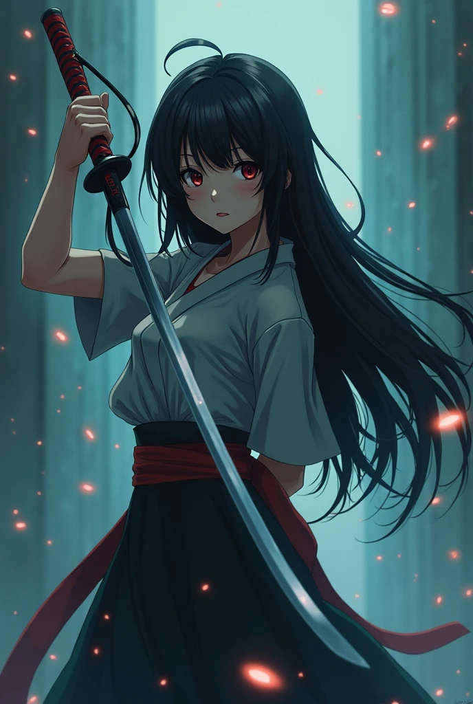 A girl holding a katana by the wire with long black hair and anime ...