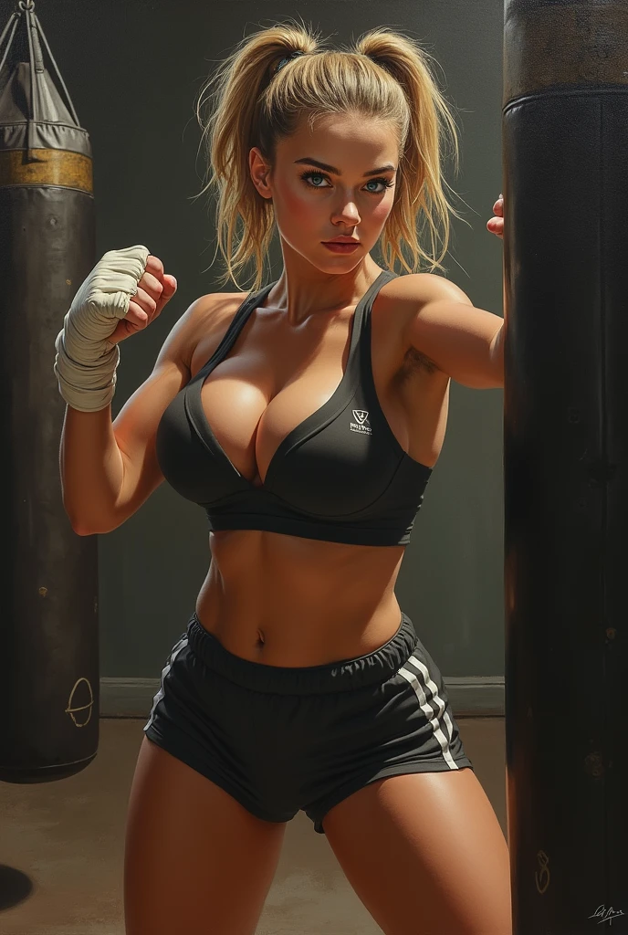 young european blonde, sweaty girl, full body, dynamic pose, action pose, girl struggling and suffering, sweat all over her body, very detailed wallpaper, best quality, masterpiece, photo reality, realistic, very detailed illustrations, 1 girl, beautiful blue eyes, delicate face, perfect details, better lighting, super complex details, fighter, aggressive punches, black top with high collar to the neck, sleeveless top, transparent lace on the side of the breasts, side of the breasts visible, large cleavage from the center, white bands on the hands, bands with blood), sweat, heavy breathing, oppressive attack, fighting arena, body curves, ecstatic appearance, yellow athletic shorts, perfect details, camel toe, perfect fingers, perfect limbs, impact, (glossy skin), defined abs, muscles, waist, black top, tight shorts, fight, blonde hair, golden hair, high ponytail, very long hair, steam, angry eyes, unified 4K, (super detailed CG: 1.2), (8K: 1.2), realistic, rendering, glued clothing