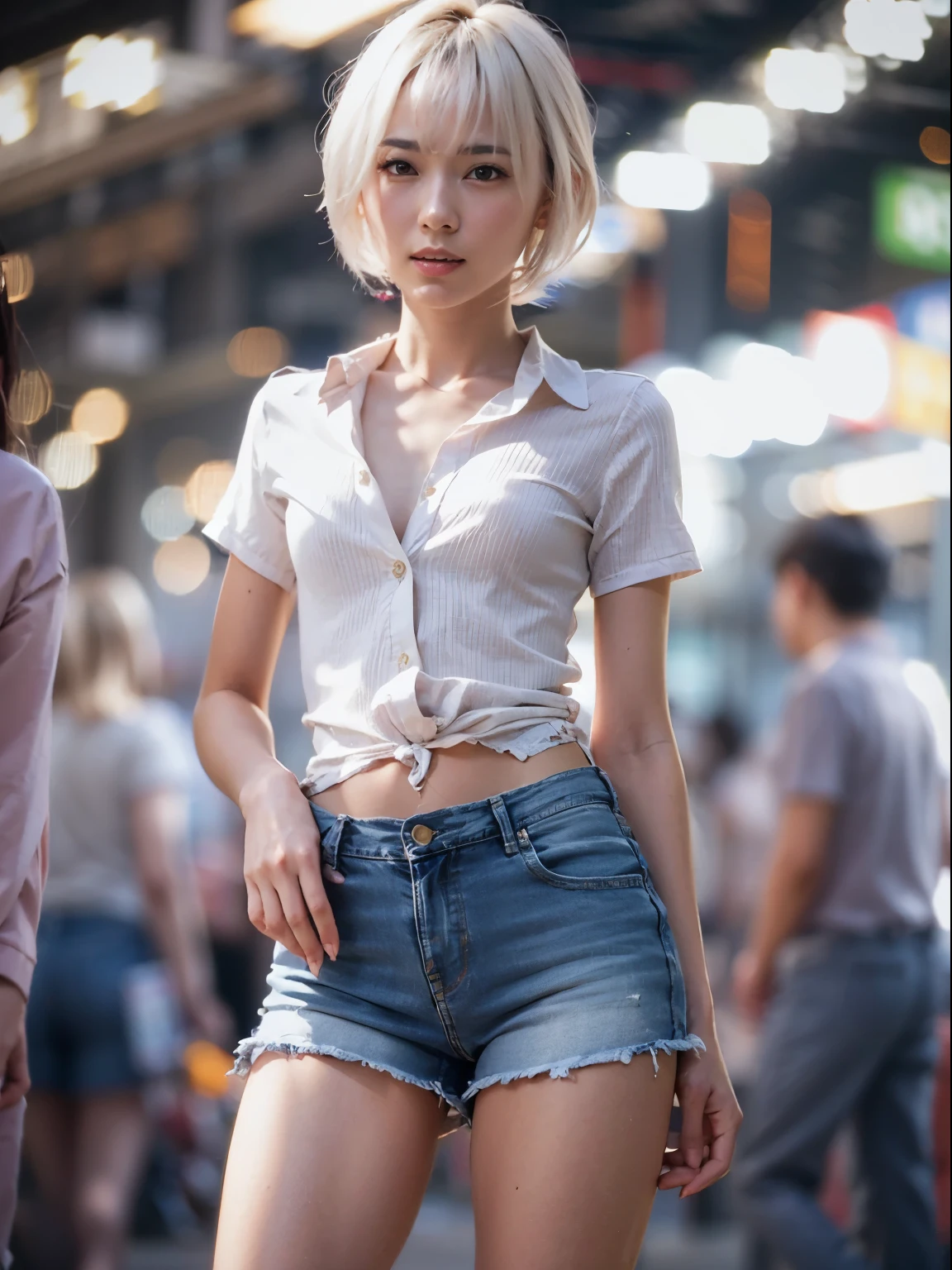 (RAW Photos:1.2), (Realistic:1.4), Cinema Lighting, Beautiful detailed 1 Japanese woman, Very detailed eyes and face,  ((wearing front button opening white browse, no bra and denim shorts)), Beautiful attention to detail, High resolution, Very detailed, Highest quality, masterpiece, pixie cut white hair,  (Dynamic pose), (Sexy pose),  (Bent knees), nsfw, upshorts, from below