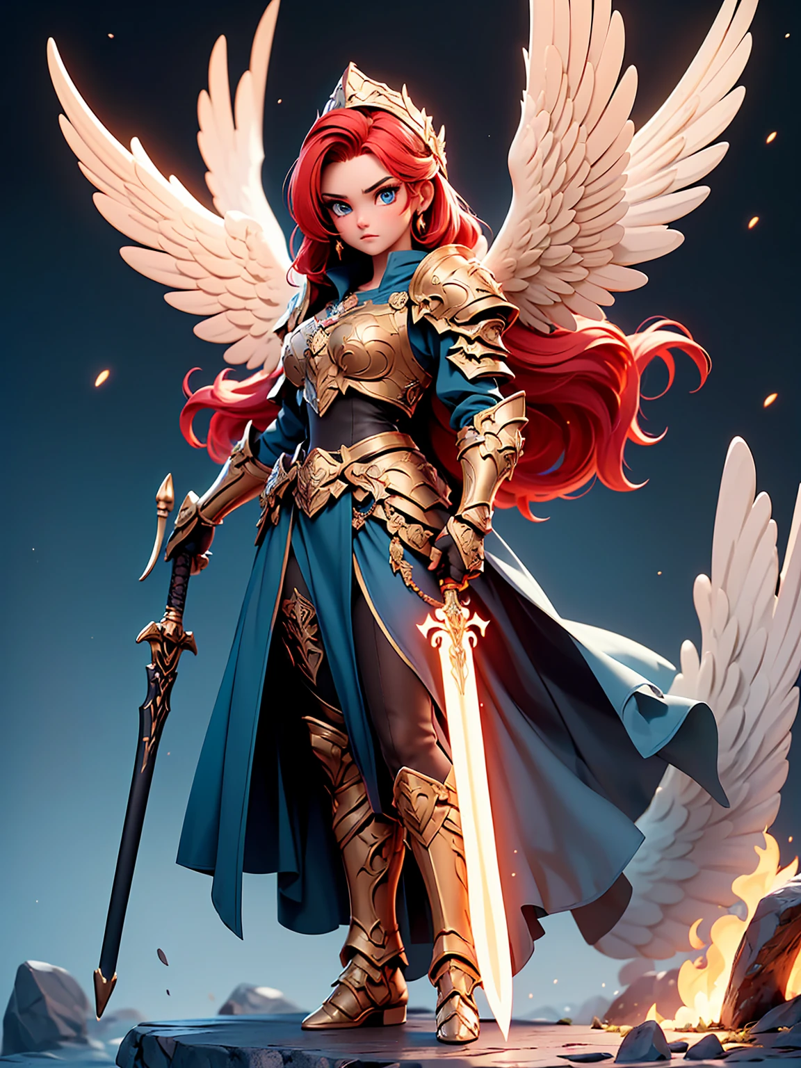 (masterpiece:1.2), (best quality:1.2), perfect eyes, perfect face, perfect lighting, 1girl, mature female angel flying in the sky, wings, medium red hair, pompadour cut, blue eyes, halo, long sleeves, knight armor, sun glare, detailed background, thick eyelashes, makeup <lora:angelicWairrors_v1:1>