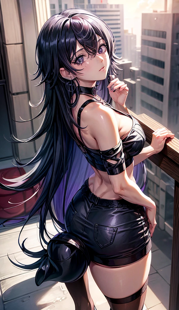 (masterpiece, best quality:1.3), Koko (kamitsubaki studio), black hair, purple inner hair, long hair, hair between eyes, purple eyes, mole under eye, strapless bra, back, shoulders, from behind, medium breast, womanly, boxer briefs, leaning over balcony, modern bedroom, looking at viewer