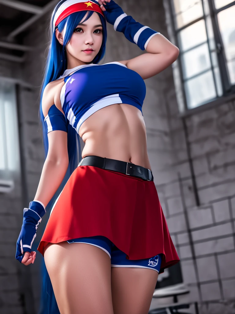 20-year-old woman, alone, alone, athletic, sexy body, wears a short red skirt, wears a blue shorts under the skirt, wears a red and blue top, wears blue exercise gloves that cover her entire forearm, wears The head has a white headband with a star, long blue hair is loose, it is wearing blue sports sneakers, it is expelling great power from its body, looking at the viewer seriously, cinematic, ultra-sharp focus, award-winning photography, perfect contrast, high sharpness, depth of field. ultra detailed photography, global illumination, fluid, ultra high definition, 8k, Unreal Engine 5, ultra sharp focus, award winning photography, art season trends,