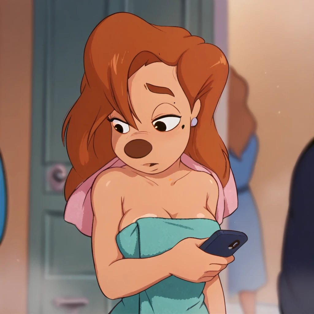 score_9_presence, score_8_up, Roxanne, wrapped in towel, medium breasts, holding phone
