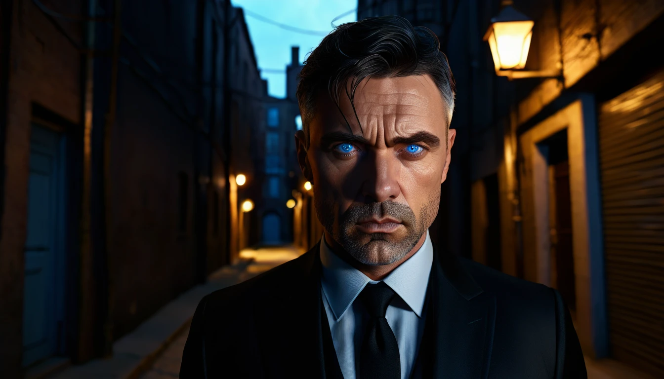 a middle-aged man with short dark hair and a serious expression, detailed facial features, piercing blue eyes, strong jawline, wearing a black suit, standing in a dark alley at night, moody lighting, dramatic shadows, cinematic composition, photorealistic, highly detailed, 8k, best quality