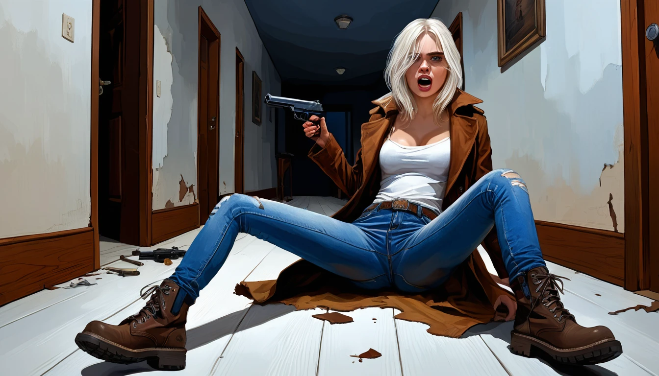 ((Suspense scene ((Conceptual art)), extremely detailed with a girl in blue jeans, and brown coat and boots)), (better lighting, better shade, an extremely delicate and frightening), (Digitale Illustration), ((4K Painting)), [(dynamic angle,((1 girl)),White hair, (beautiful face, perfect face, Scared,) Expression of fear, torn clothes, a gun in hand, sit on the floor, darkness, scary house),  [:(dark, mysterious, Game color, scary attitude, rugged corridors, Big house, deadly silence):]