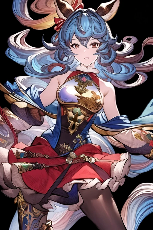 (Masterpiece, Best Quality), highres, Manga, (2d), (Traditional Media:1.2), official art, 1woman, (solo), dynamic, portrait, retro artstyle, a cartoon character on a colorful background with stars in the sky, art by ro_g_(oowack), wide shot, mature female, fire emblem heroes, [outline], (upper body), Slate blue hair, Gainsboro eyes, (detailed deep eyes), (lips, nose, long face:1.2), aged up, elegant, curvy, medium breasts, medium-length messy hair, (sidelocks), fringe trim, expressive, Ayami Kojima, light smile, translucent skirt, high detail illustration, lineart, space art, fantasy, shiny, cinematic lighting:1.1, scenery,  bare shoulders, high heel boots, lace trim, contrast, extremely detailed, intricate, (Details:1.2), dark, Clothing style, Bermuda Shorts, Clothing print, squatting, qipao, floating particles