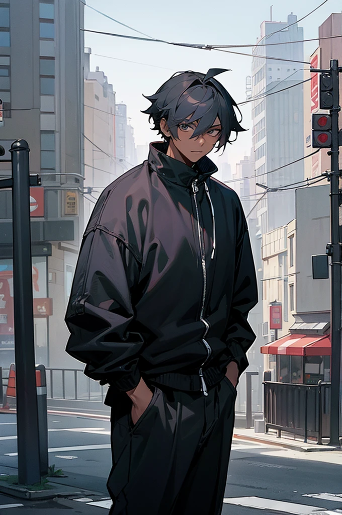 Charcoal hair color male, city background, street clothes, black skin color