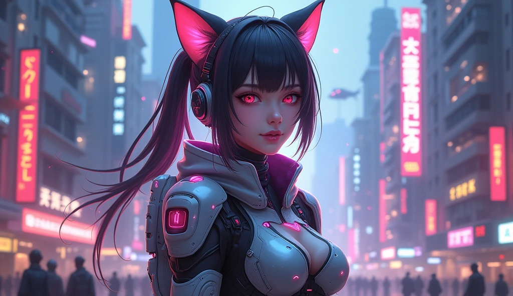 Cat girl, face, mask, ((cyberpunk)), futuristic, grey eyes, extremely detailed eyes