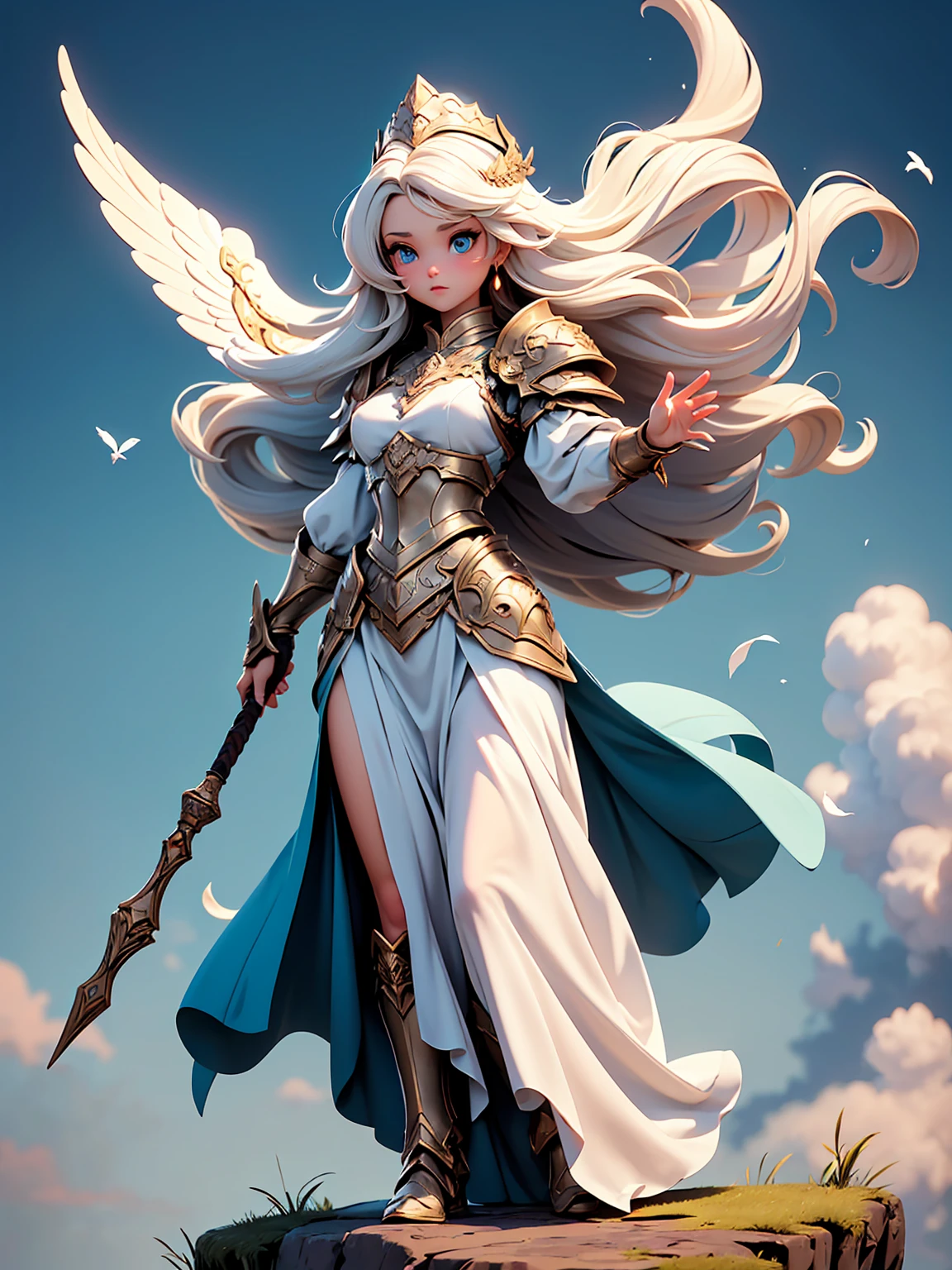 Valkyrie flying in the sky, blonde with long hair forming a single braid, asas gkiruisas, corpo inteiro, camera de baixo pra cima.