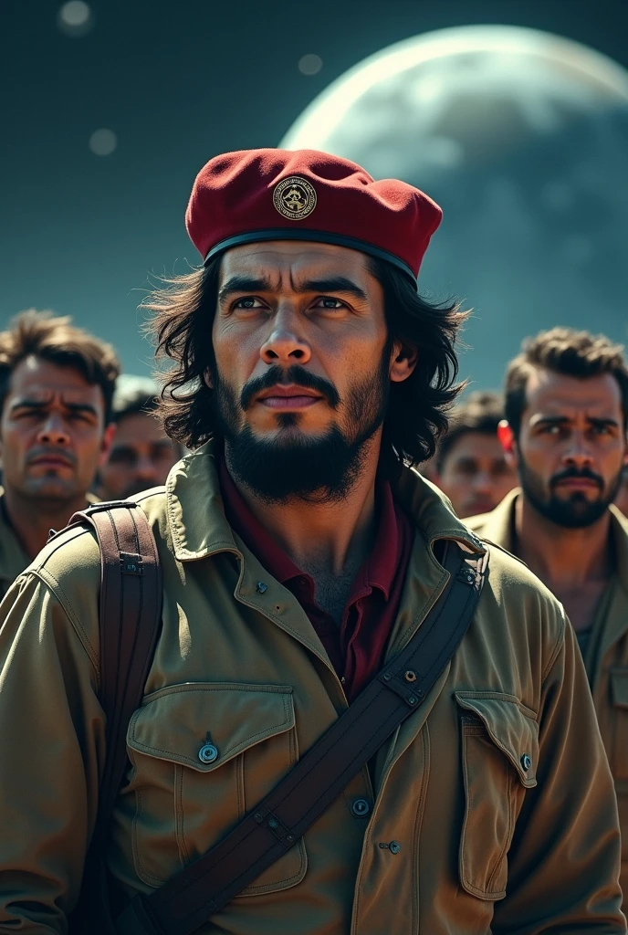 Che Guevara astronaut walking in the streets of Havana on a sunny day with communist flags waving