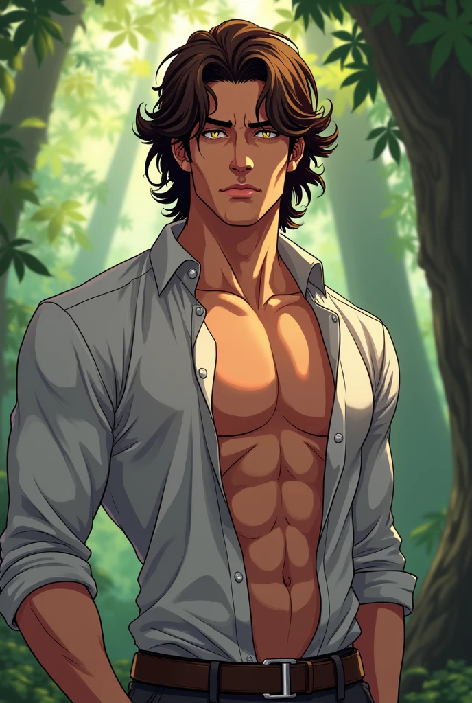 anime handsome man, half-naked, grass vine twining around the body