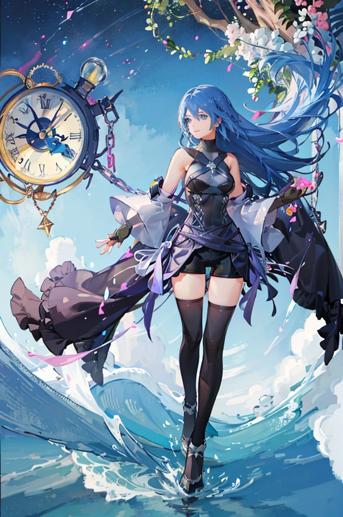 aaaqua, 1girl, absurdres, close up, portrait, view from the front, upper body, masterpiece, blue eyes, blue hair, breasts, chest strap, elbow gloves, gloves, highres, (skirt), (kingdom hearts), looking at viewer, transparent water floor, smile, solo, clear sky, open field, empty background, wide sleeves, medium breasts, detatched sleeves, black shorts , fingerless gloves, light background, (thighhighs)