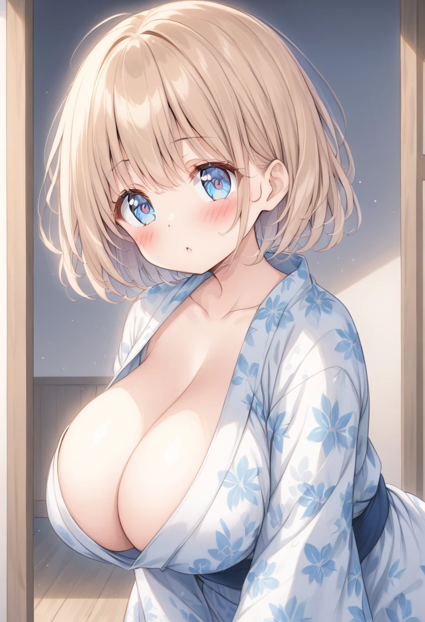 (Young and cute face)Sparkling eyes、(A young, blushing, voluptuous, busty girl:1.9)、Shiny Hair、Big, bouncy, soft-looking breasts、From the side、profile、yukata,Push your hips out and lean forward