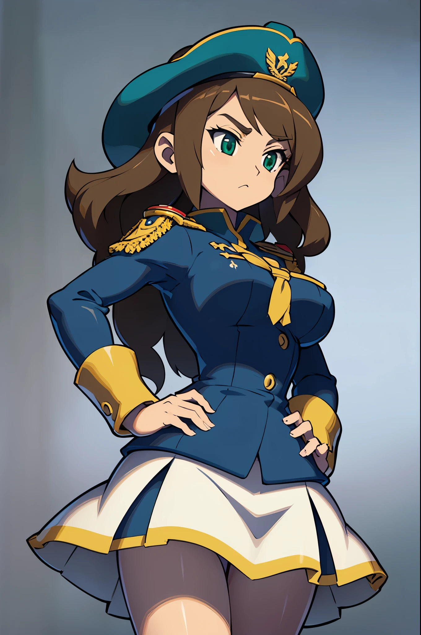 masterpiece, (solo), absurdres, portrait, ((cowboy shot)), detailed background, fine detail, HDR, female, solo female, large breasts, white suit, wavy hair, brown hair, green eyes, hand on hip, white skirt, navy uniform