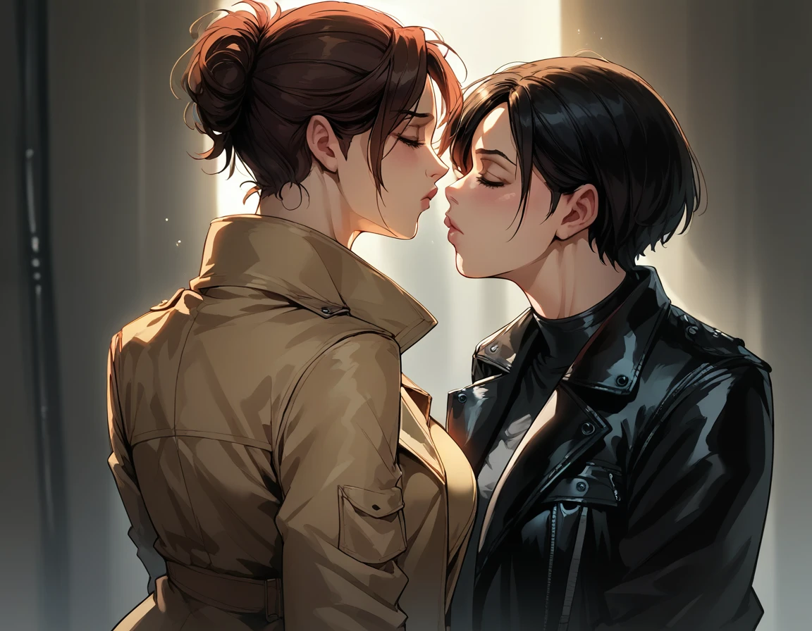 ((two characters)), claire redfield, (short hair, half-naked), ((kissed by albert wesker, (black leather trench coat, tall), while he grabs her ass)), resident evil, warm lighting, high quality